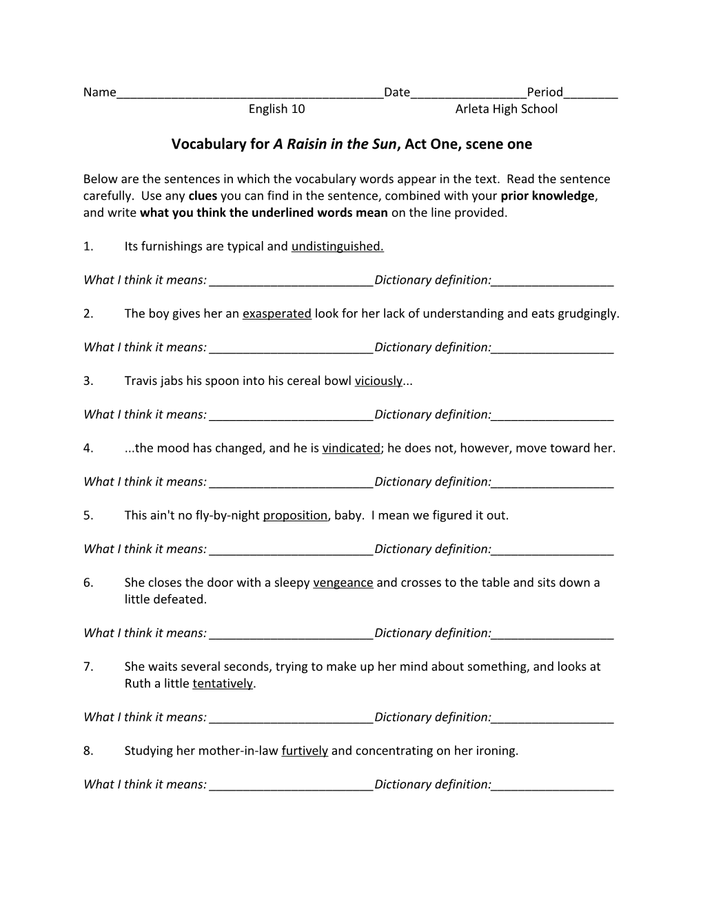 Vocabulary for a Raisin in the Sun, Act One, Scene One