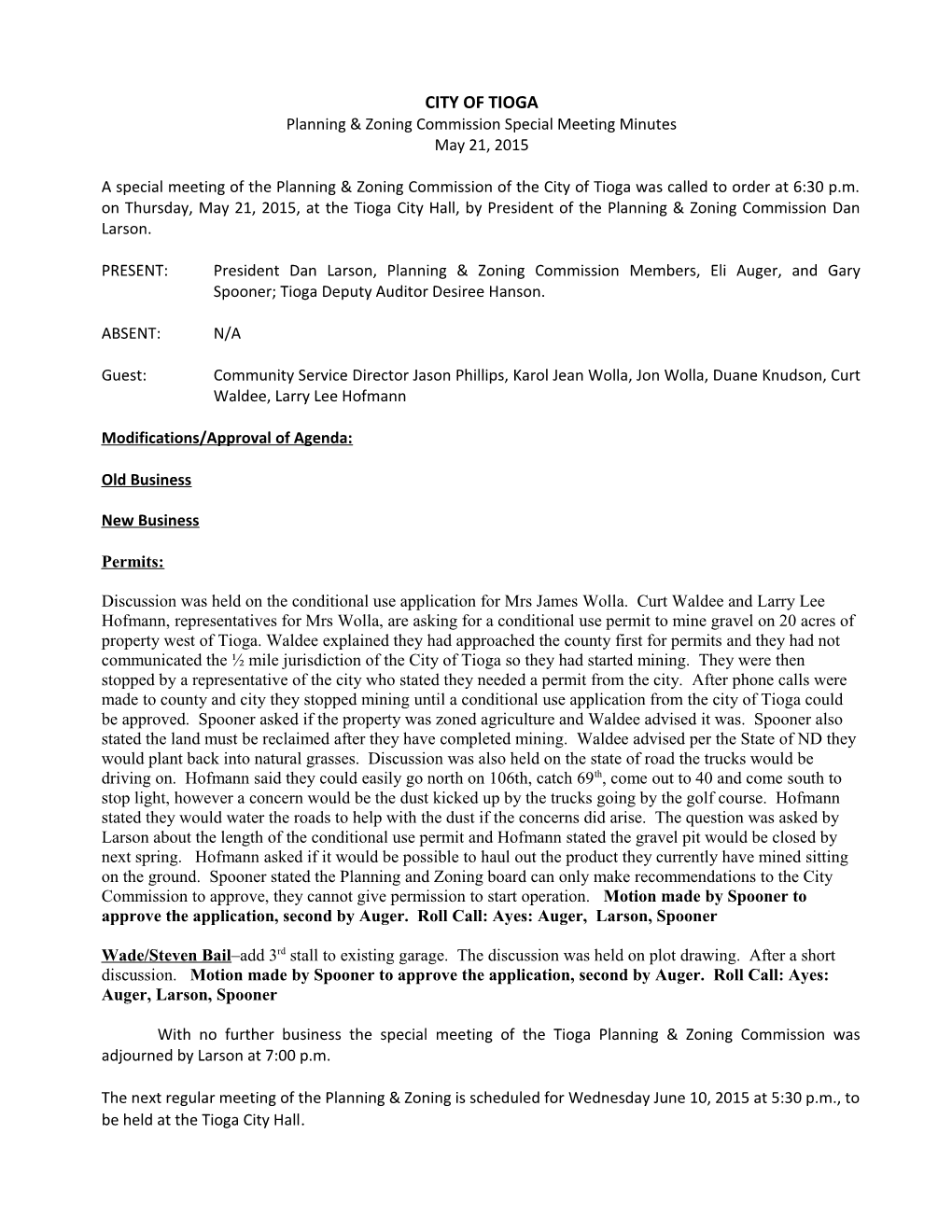 Planning & Zoning Commission Special Meeting Minutes