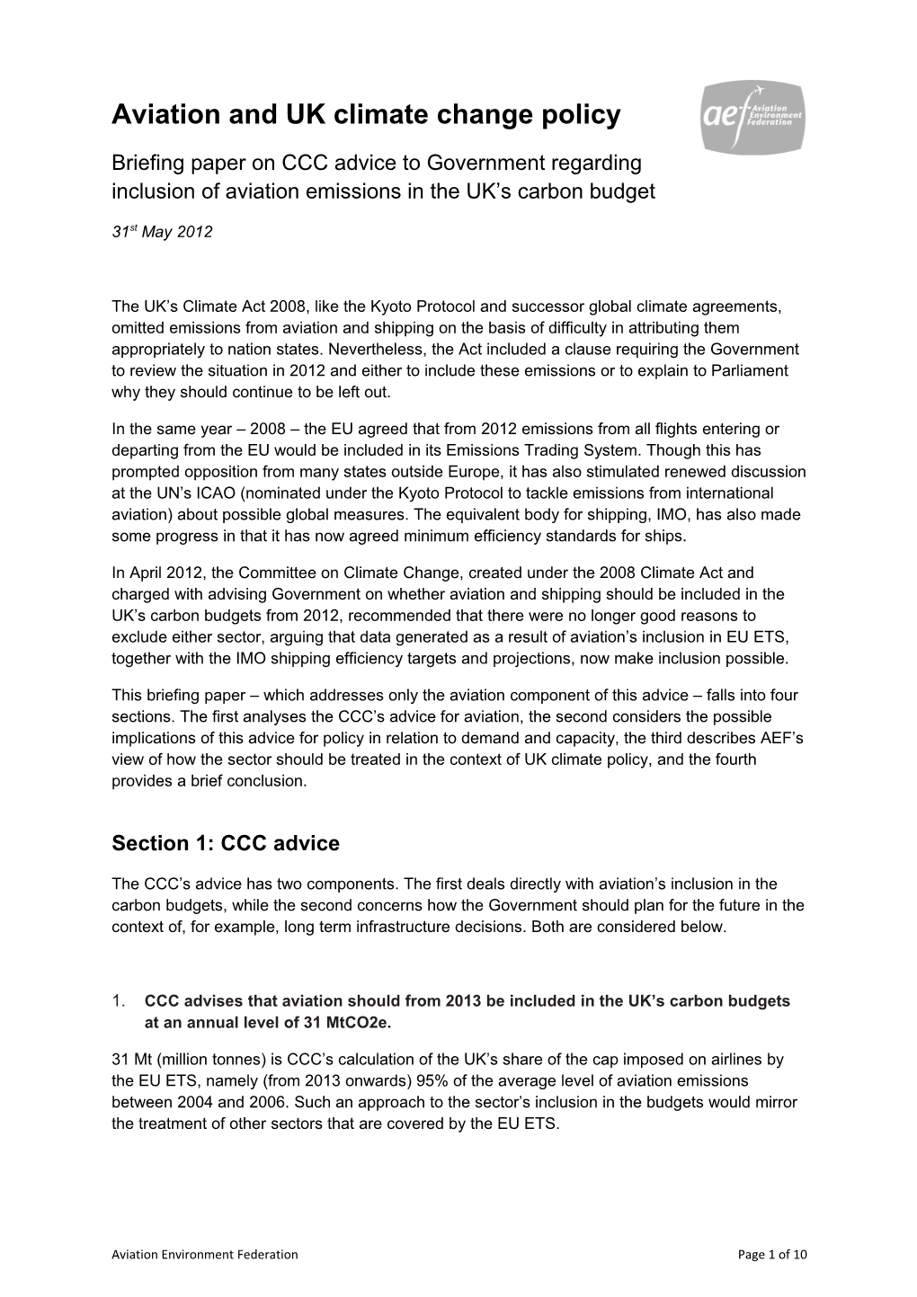 Aviation and UK Climate Change Policy