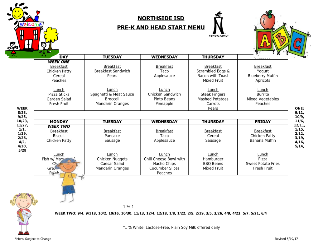 2017-2018 Elementary Lunch Menu