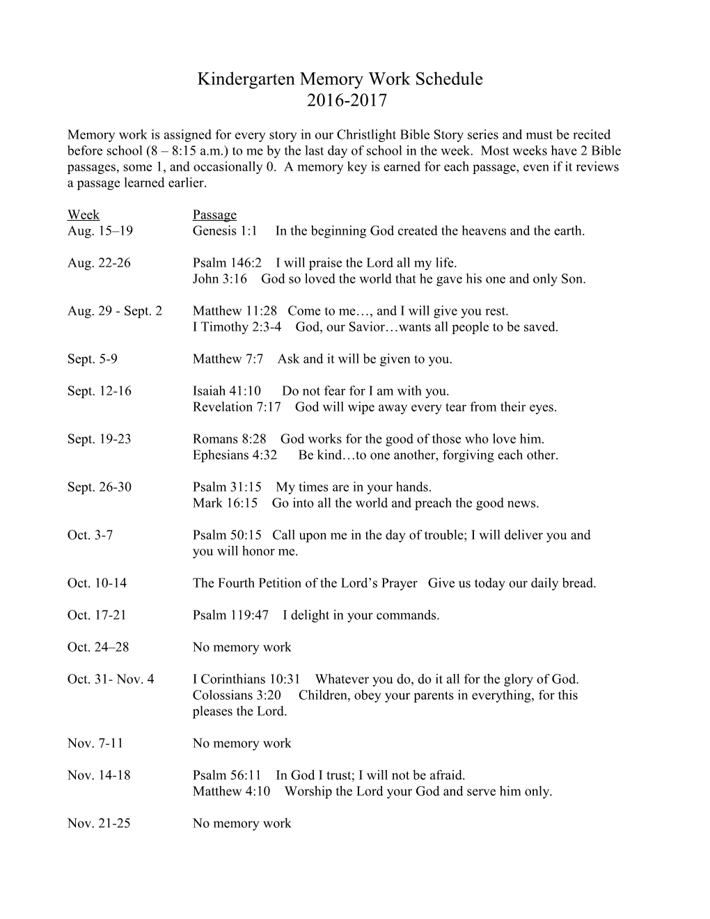 Kindergarten Memory Work Schedule
