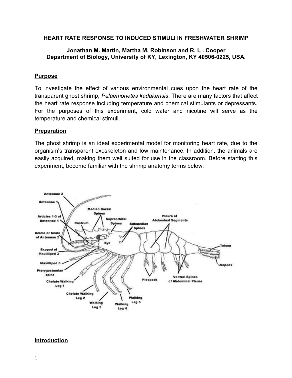 Heart Rate Response to Induced Stimuli in Freshwater Shrimp