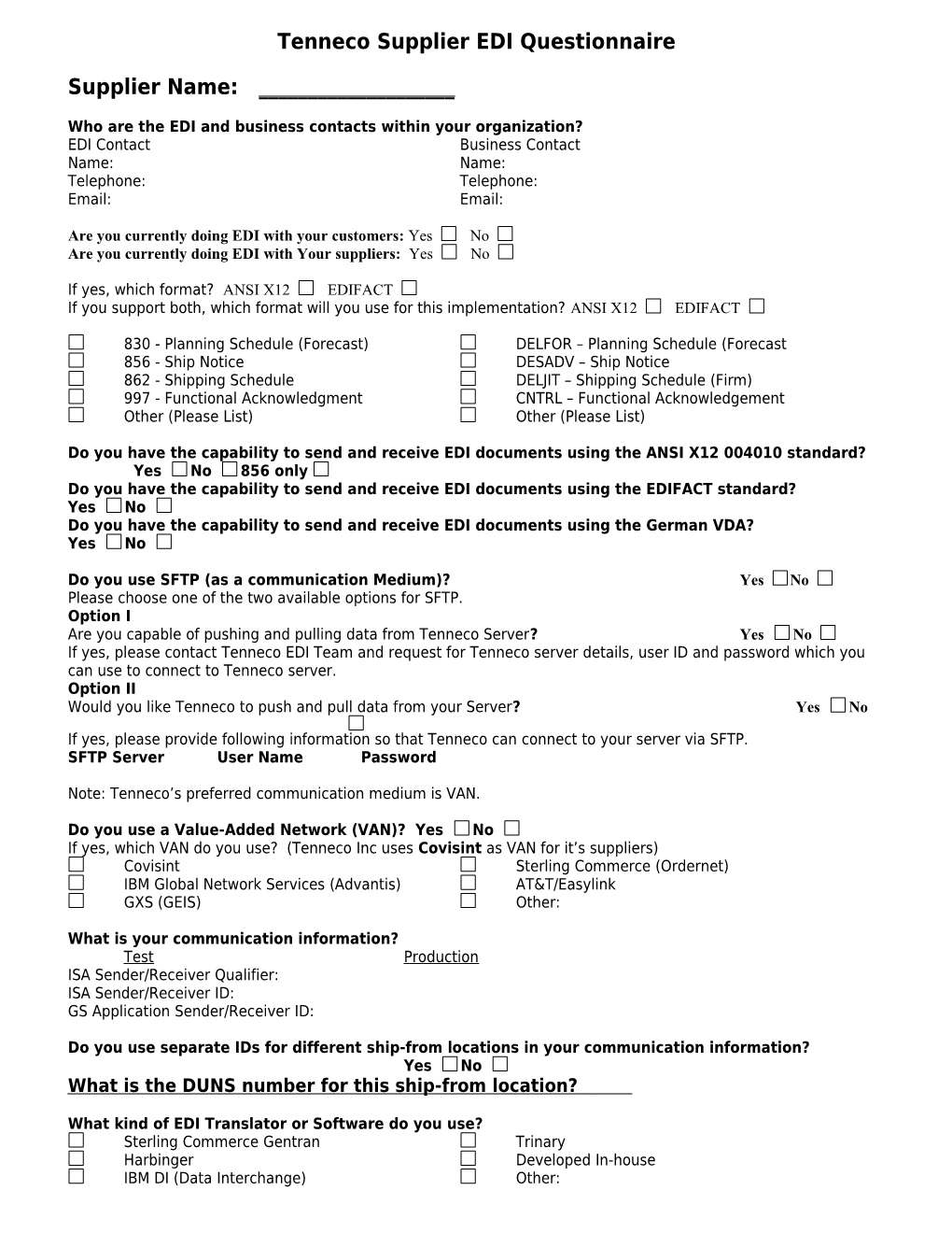 EDI Supplier Project Telephone Survey Checklist