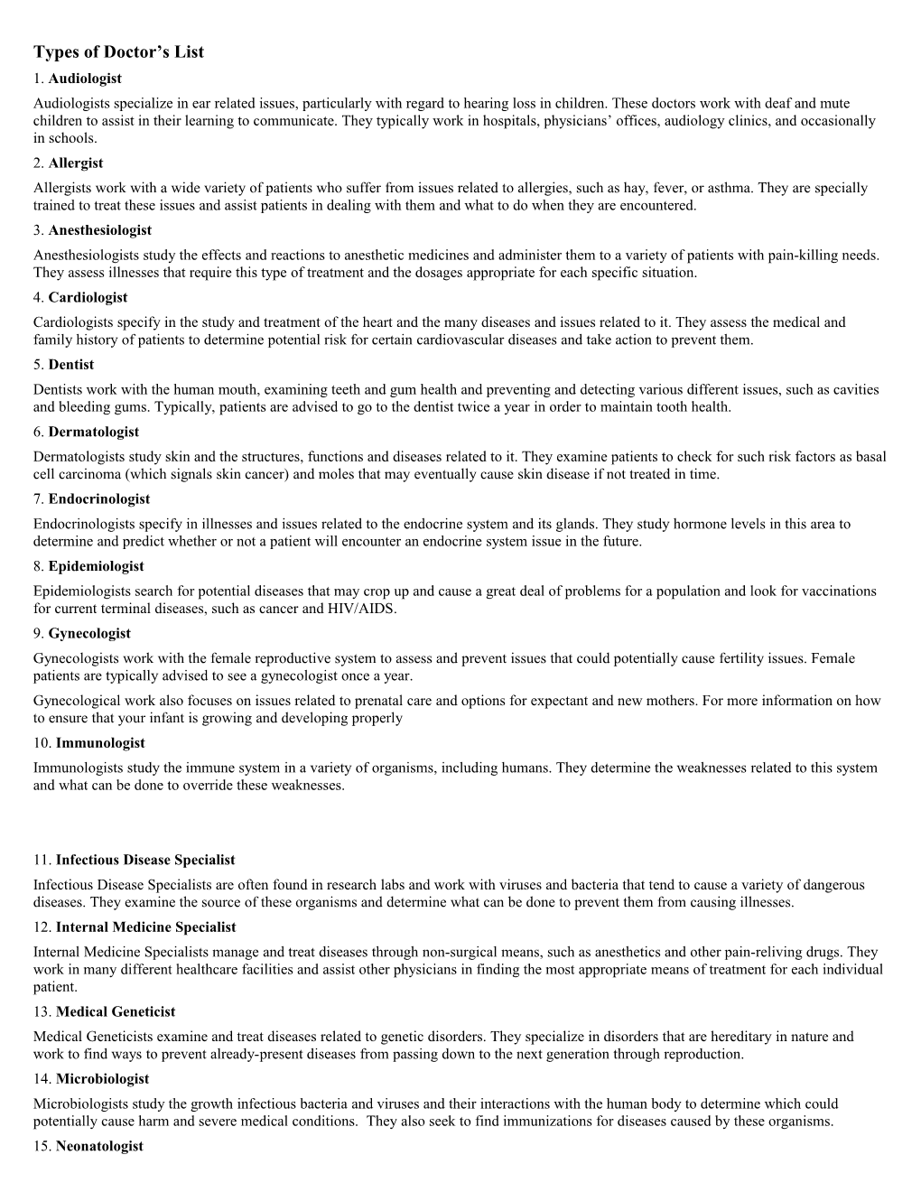 Types of Doctor S List