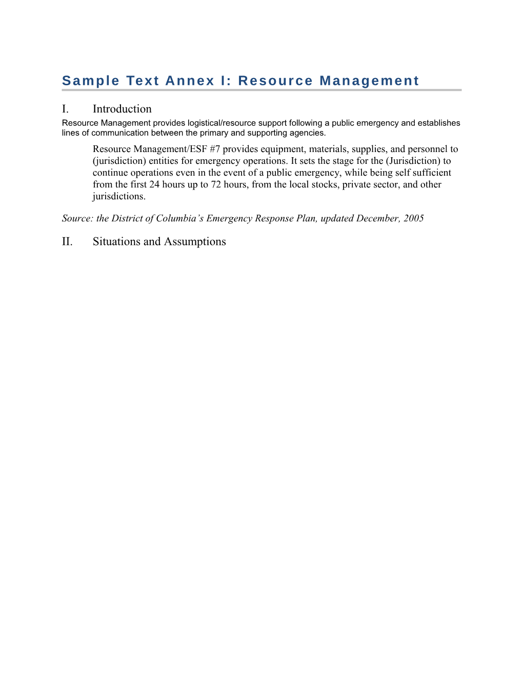 Sample Text Annex I: Resource Management