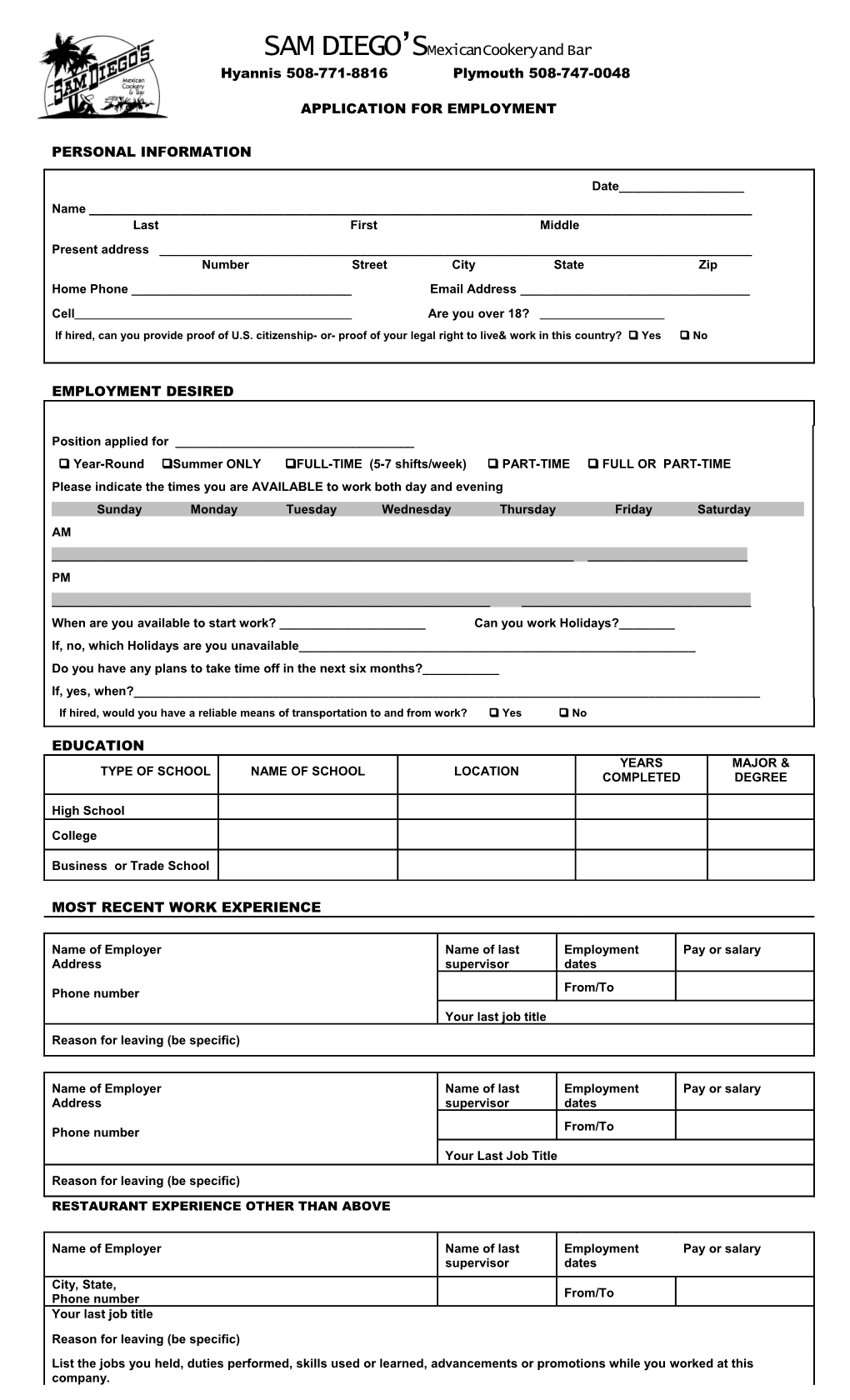 Customizable Sample Employment Application Form