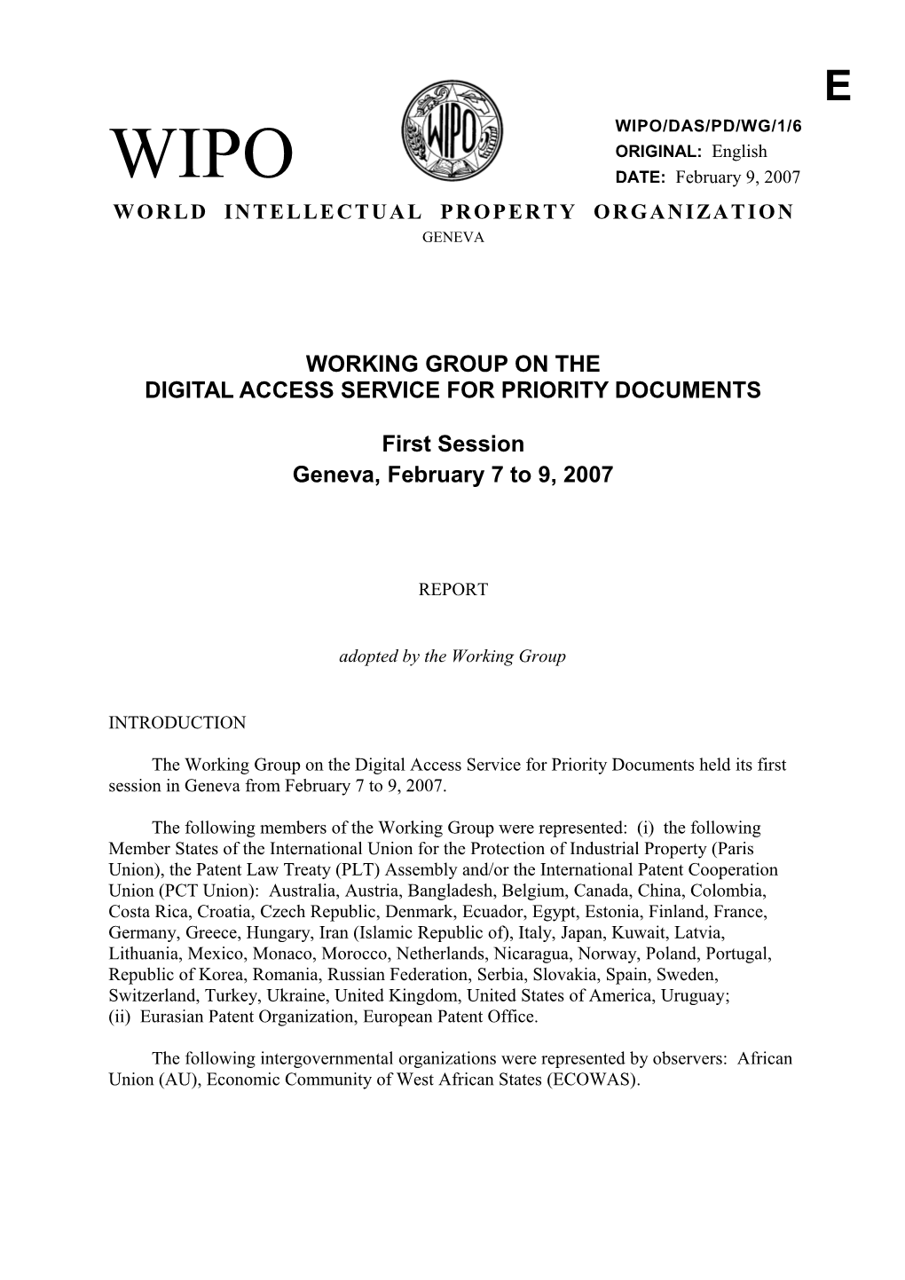 WIPO/DAS/PD/WG/1/6: Report