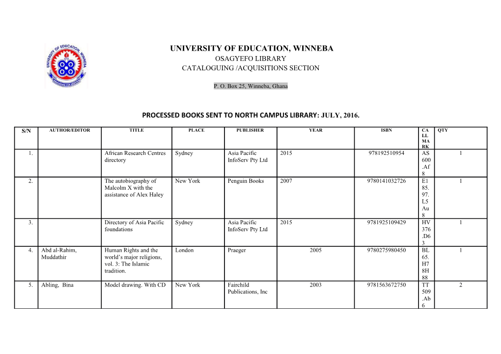 Processed Books Sent to North Campuslibrary: July, 2016