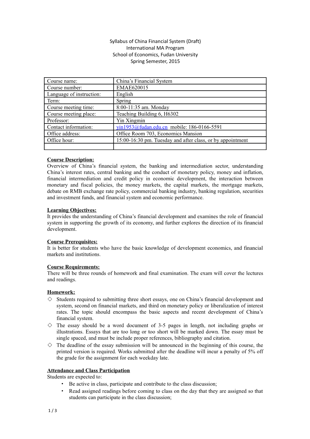 Syllabus of China Financial System (Draft)