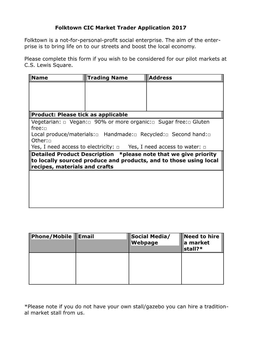 Folktown CIC Market Trader Application 2017