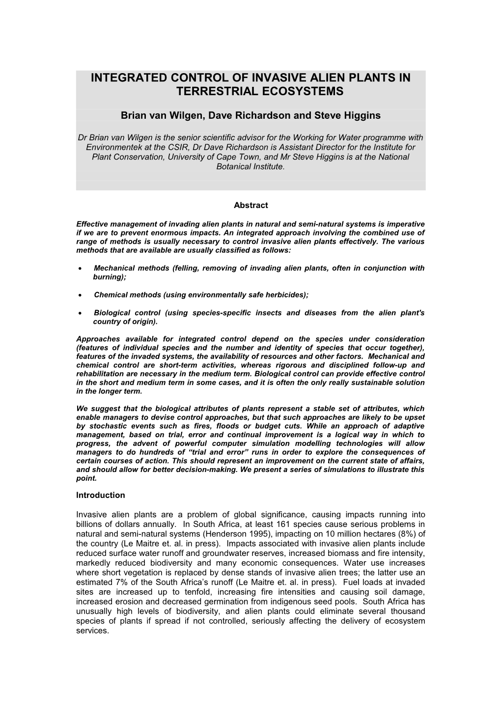 Integrated Control of Invasive Alien Plants in Terrestrial Ecosystems