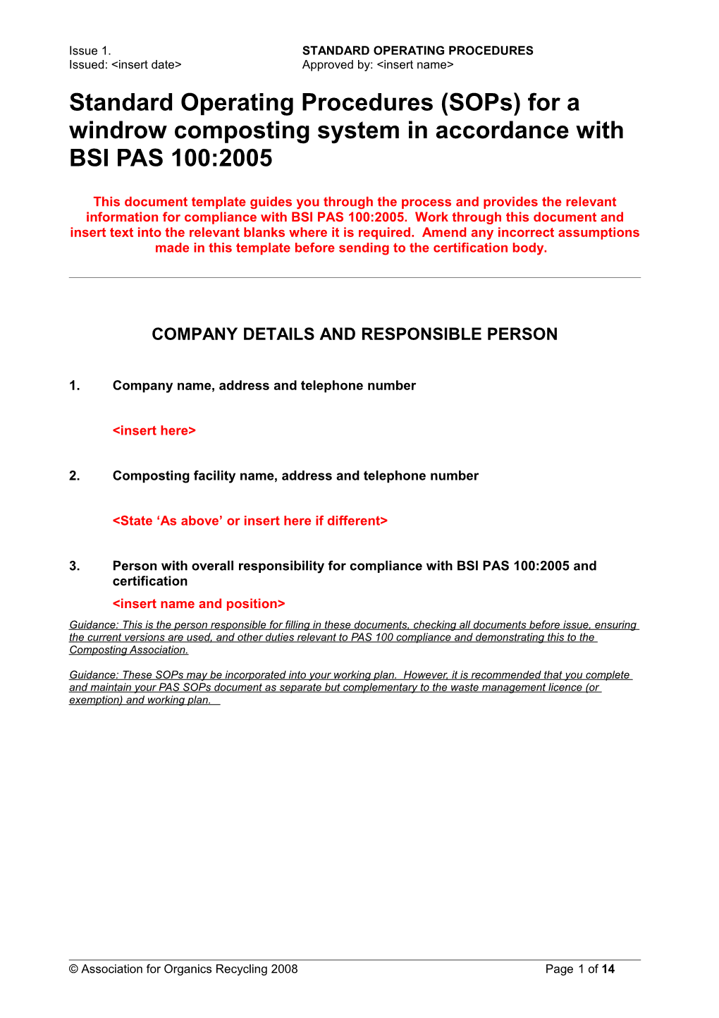 Standard Operating Procedures (Sops) for a Windrow Composting System in Accordance With