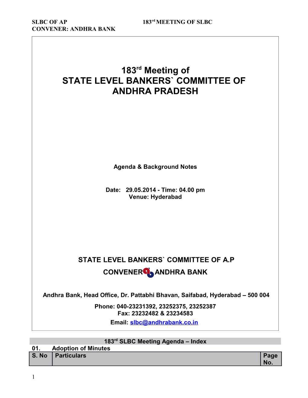 SLBC of AP 183Rdmeeting of SLBC CONVENER: ANDHRA BANK