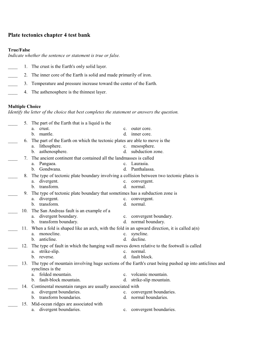 Plate Tectonics Chapter 4 Test Bank