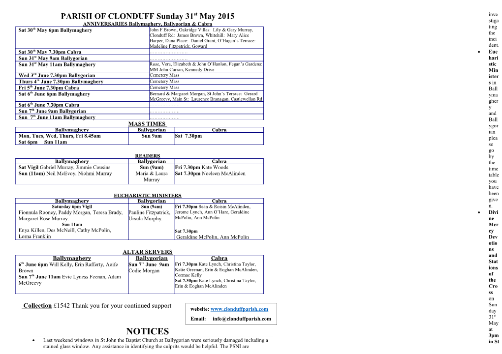 ANNIVERSARIES Ballymaghery, Ballygorian & Cabra