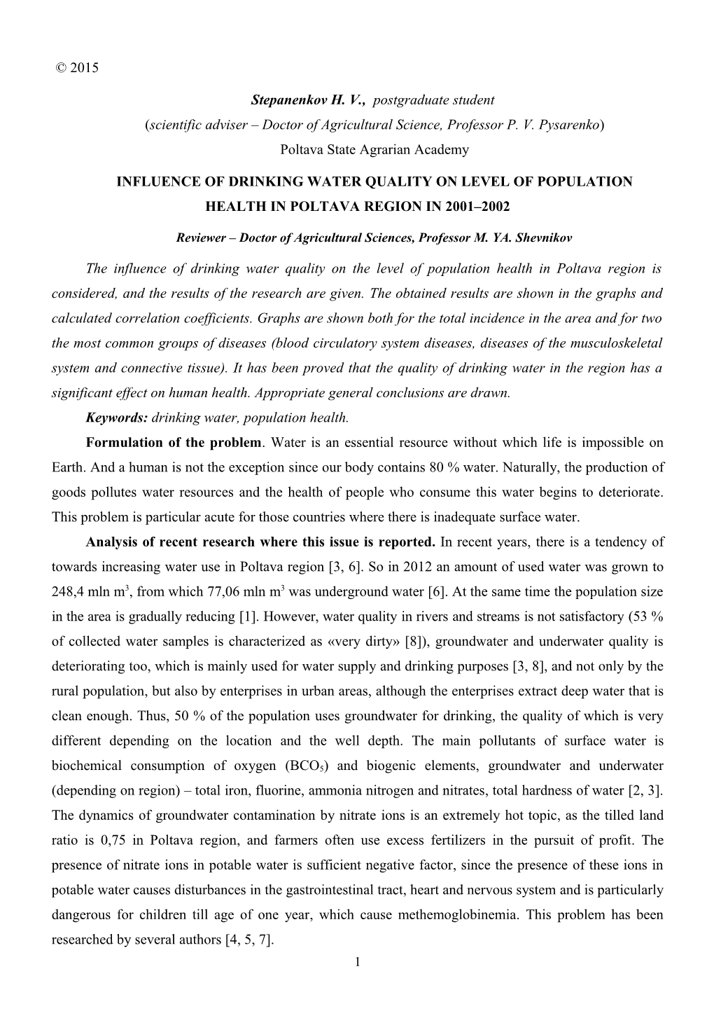 Influence Ofdrinkingwaterquality on Level of Population Health in Poltava Region in 2001 2002