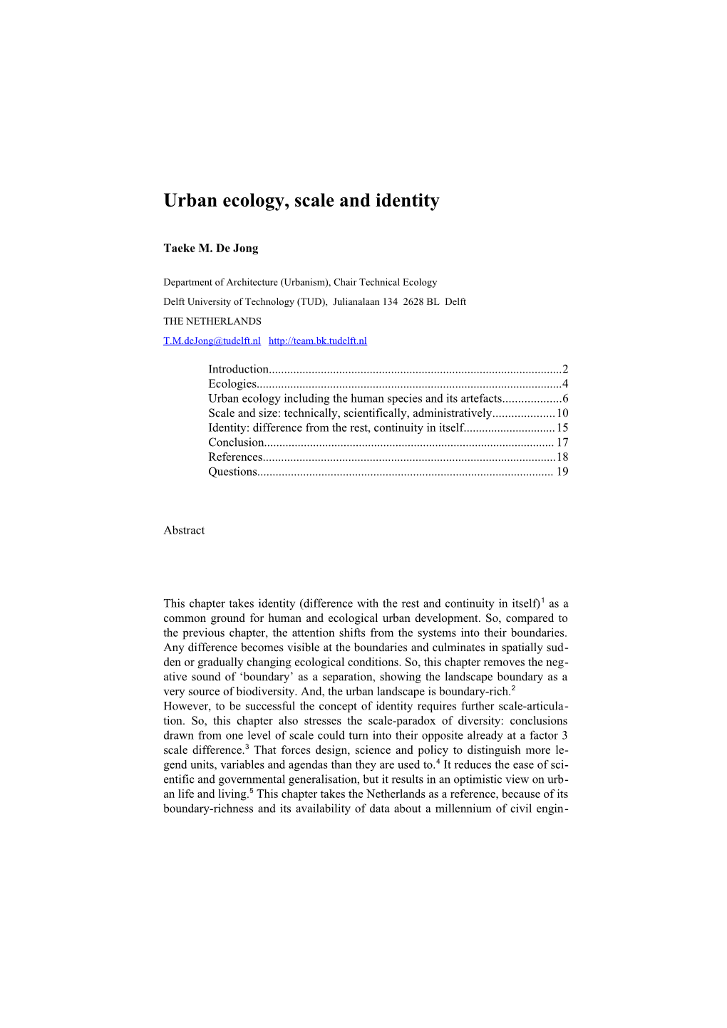 Urban Ecology, Scale and Identity