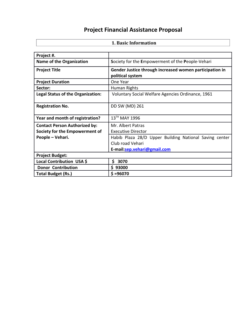 Project Financial Assistance Proposal