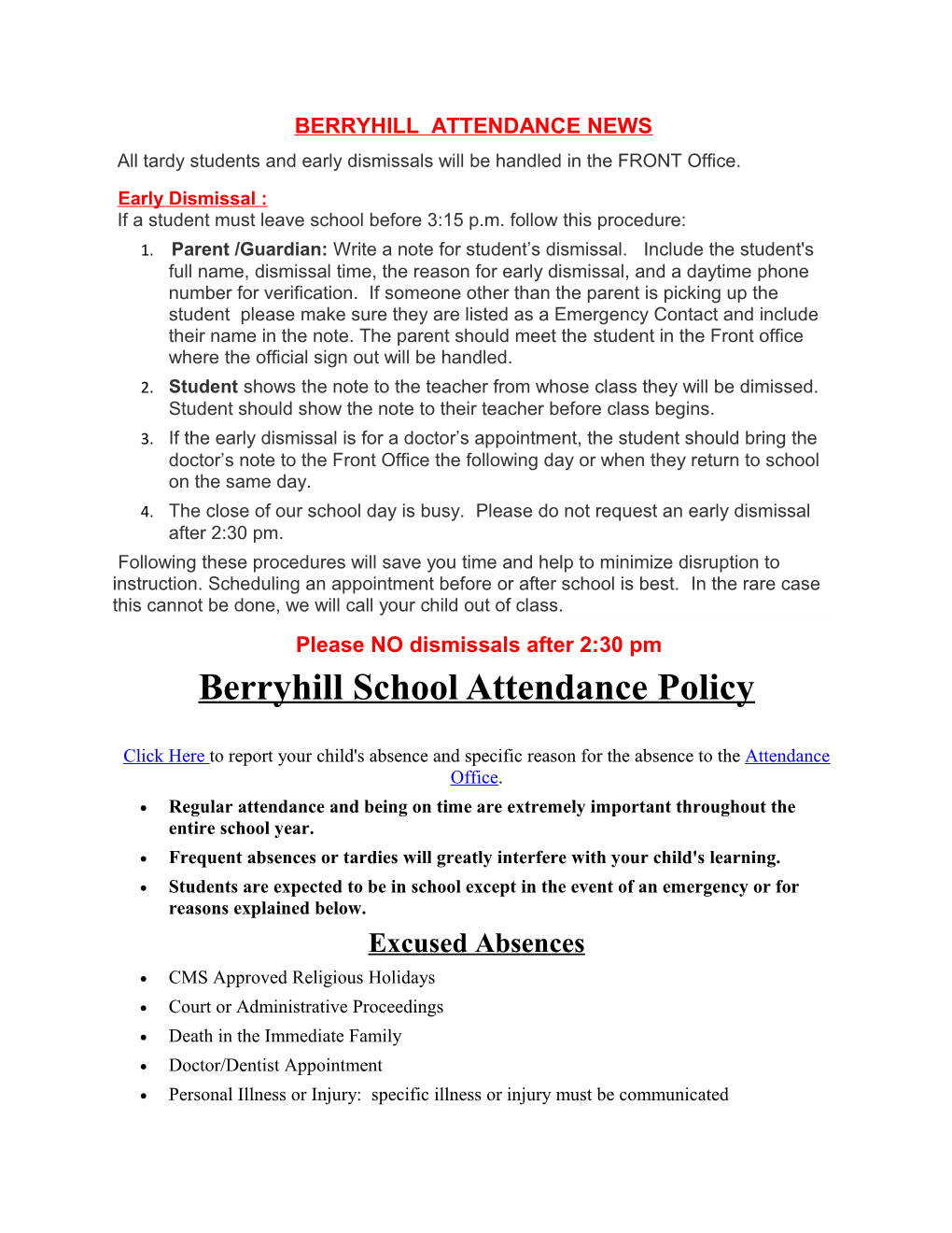 Berryhill Attendance News