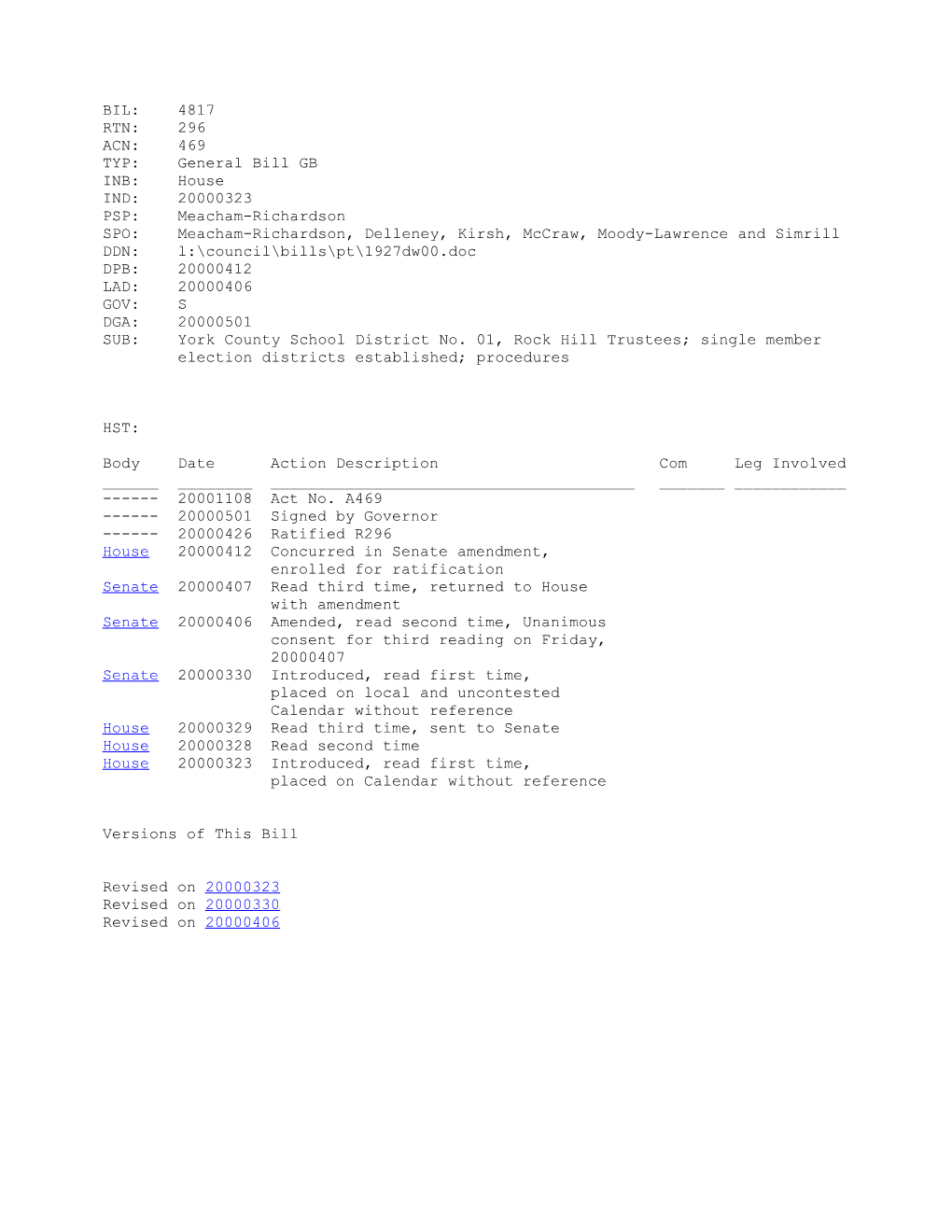 1999-2000 Bill 4817: York County School District No. 01, Rock Hill Trustees; Single Member