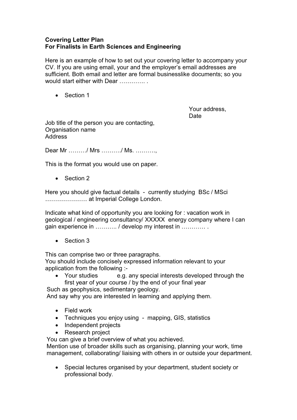 Covering Letter Plan