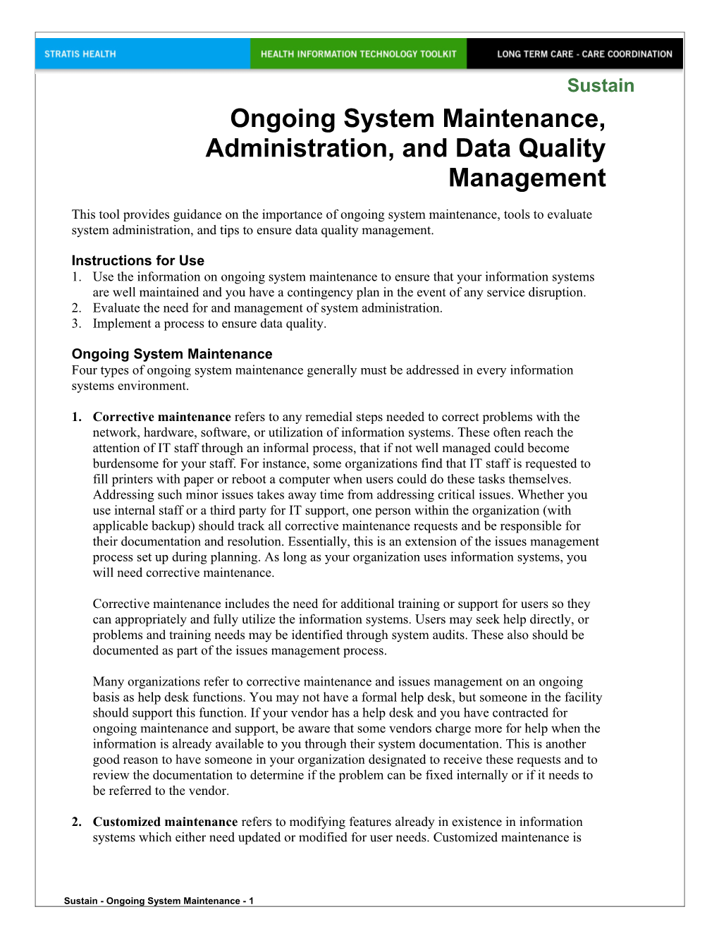 Ongoing System Maintenance Health Information Technology Toolkit for Long Term Care - Care