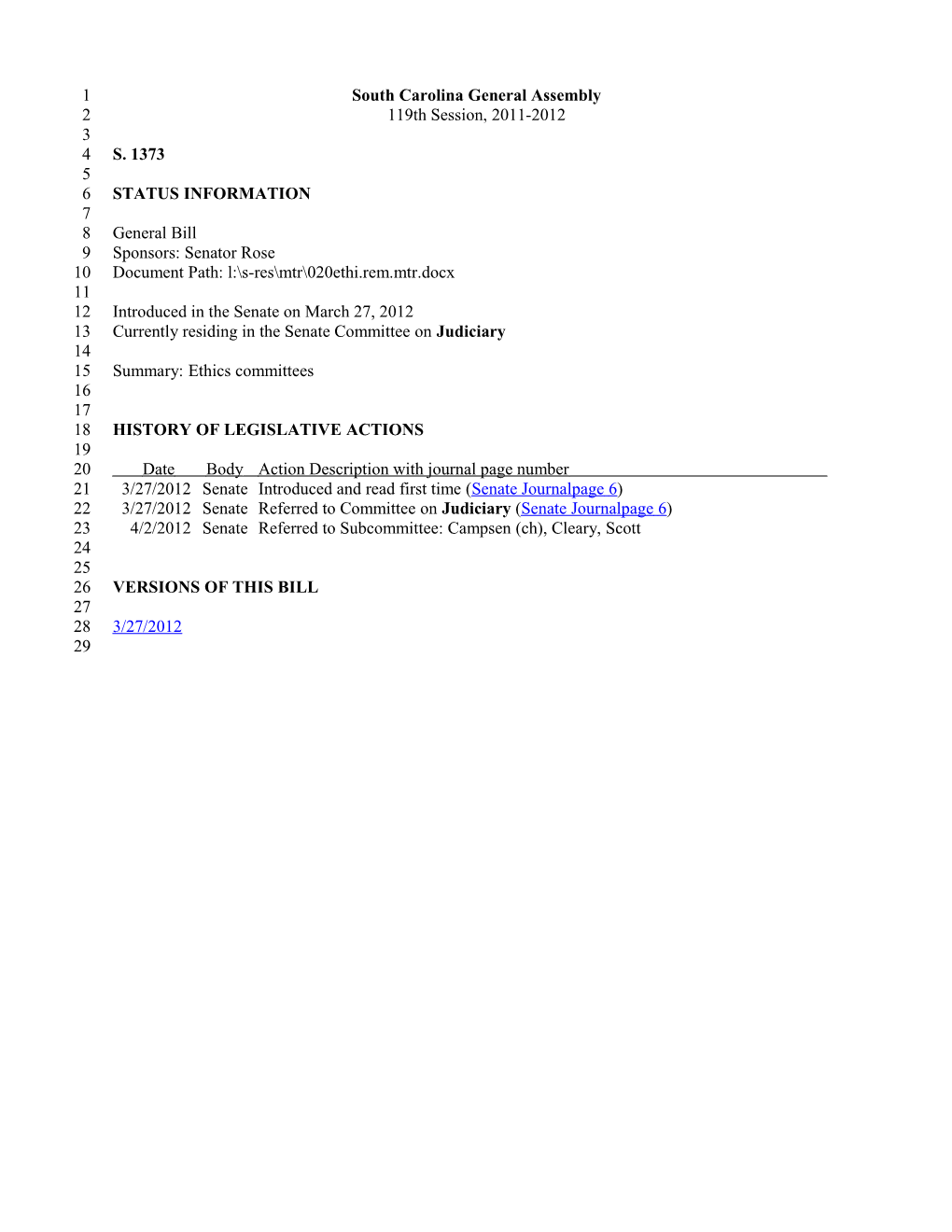 2011-2012 Bill 1373: Ethics Committees - South Carolina Legislature Online