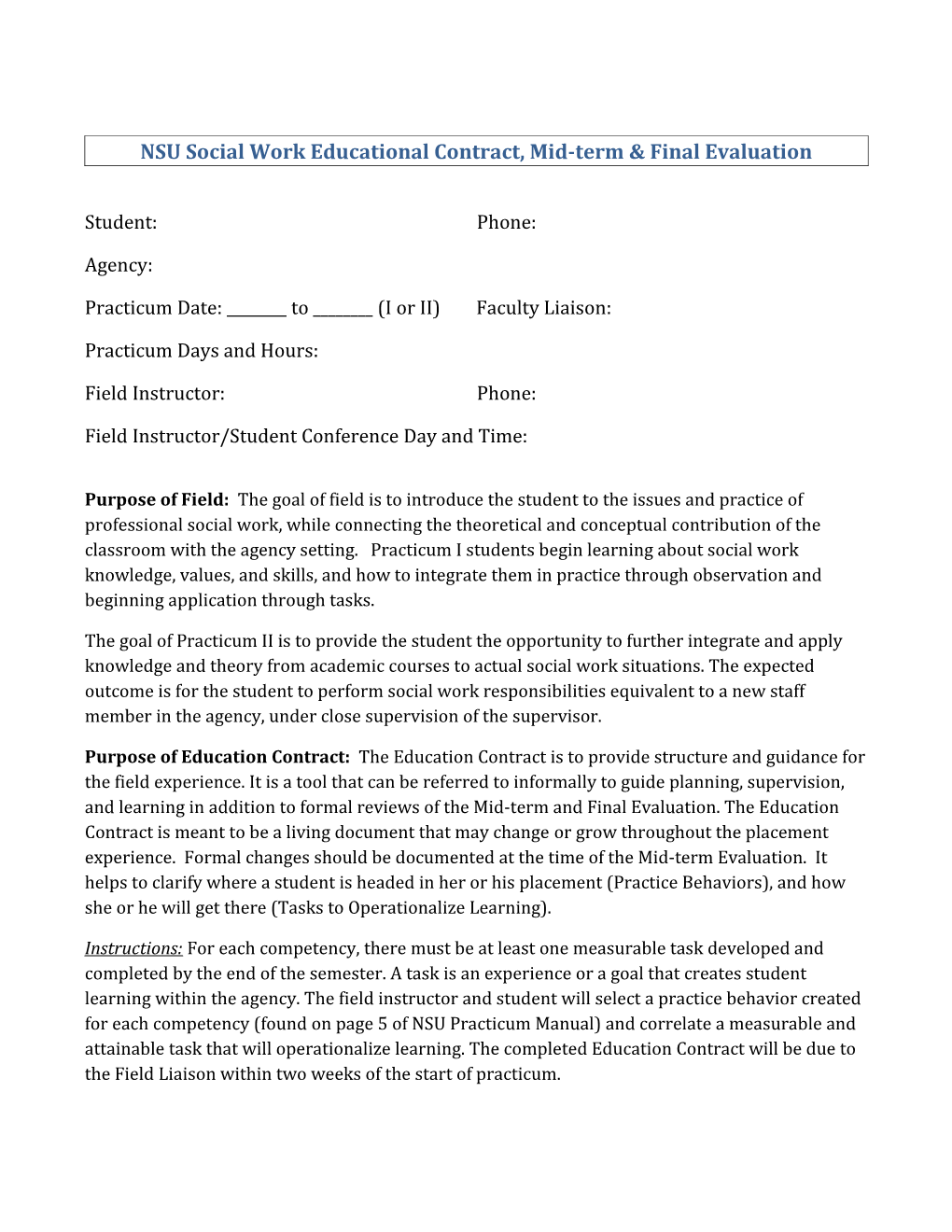 NSU Social Work Educational Contract, Mid-Term & Final Evaluation