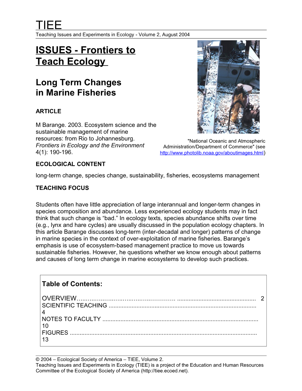 Frontiers Issues to Teach Ecology - Marine Fisheries