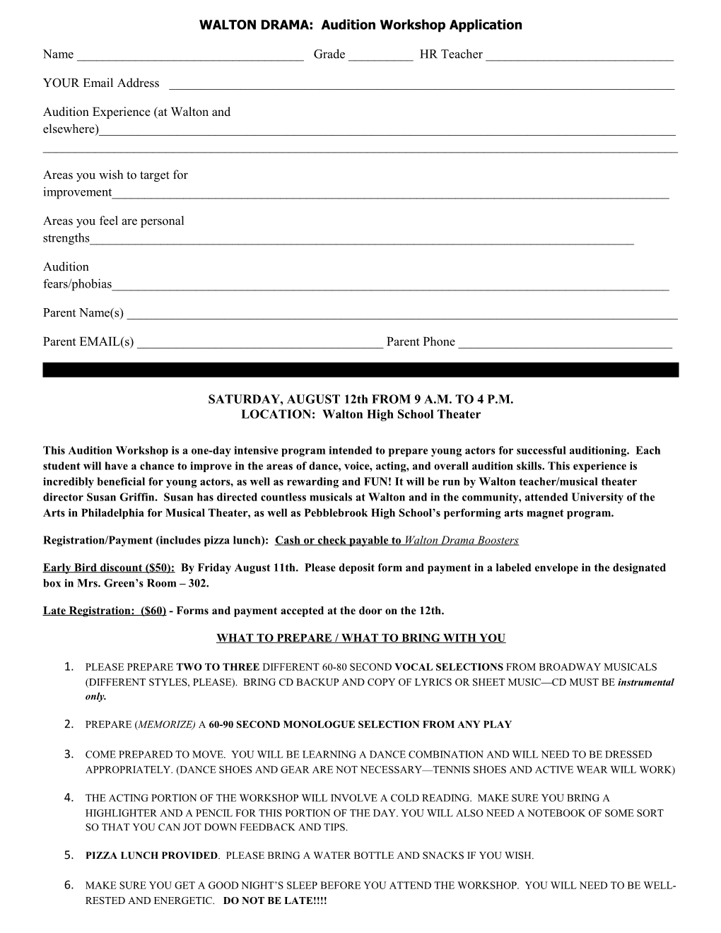 WALTON DRAMA: Audition Workshop Application