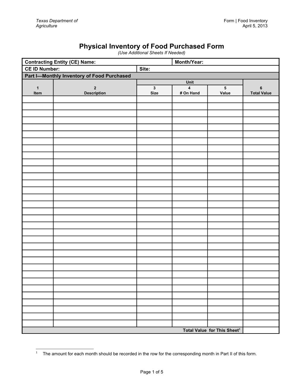 Physical Inventory of Food Purchased Form