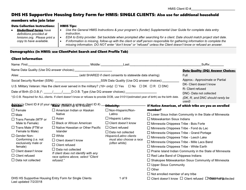 DHS HS Supportive Housing Entry Form for HMIS: SINGLE CLIENTS: Also Use for Additional