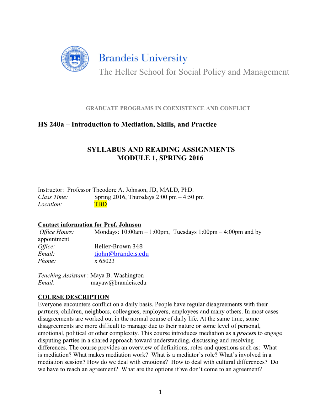 HS 240A Introduction to Mediation, Skills, and Practice