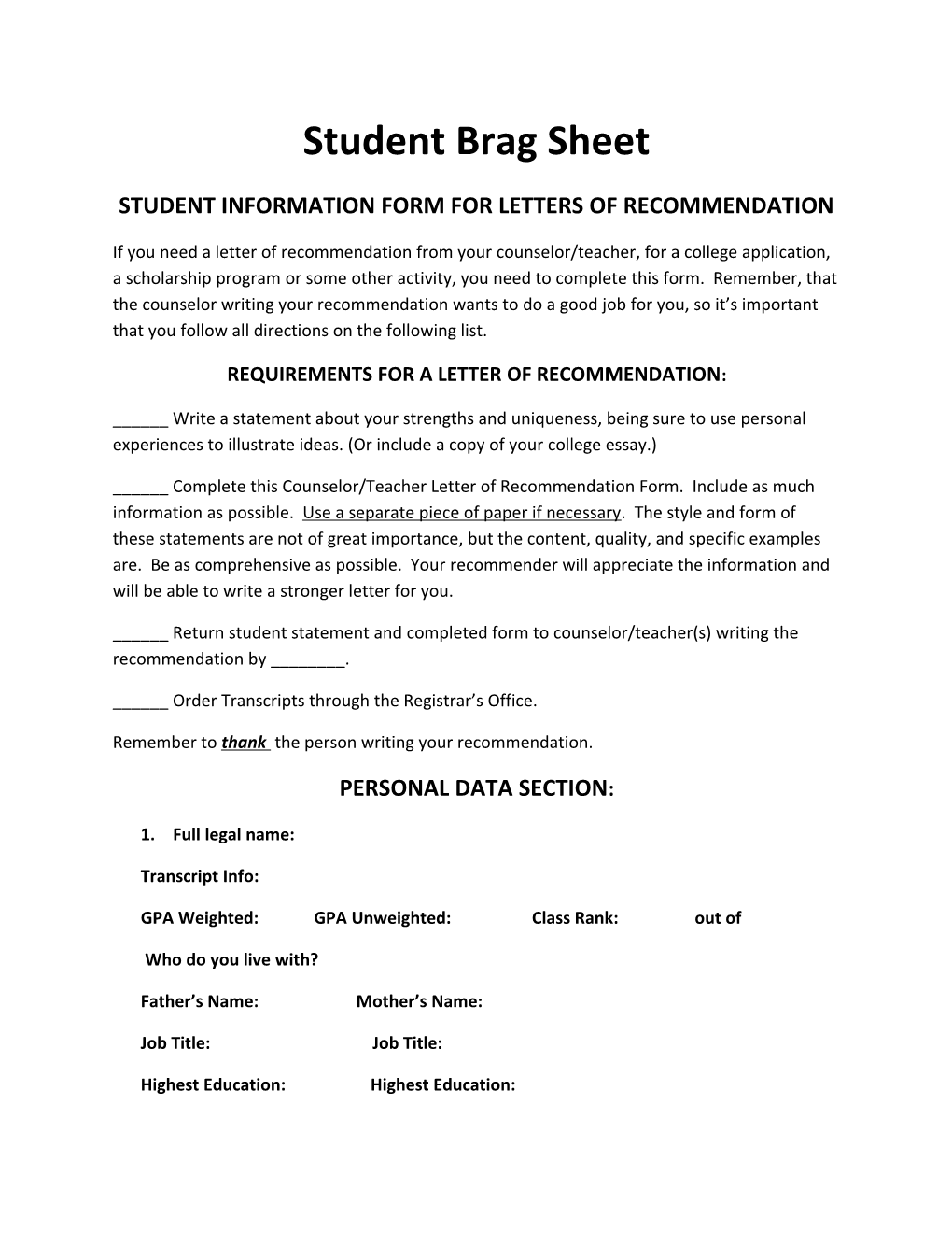 Student Information Form for Letters of Recommendation