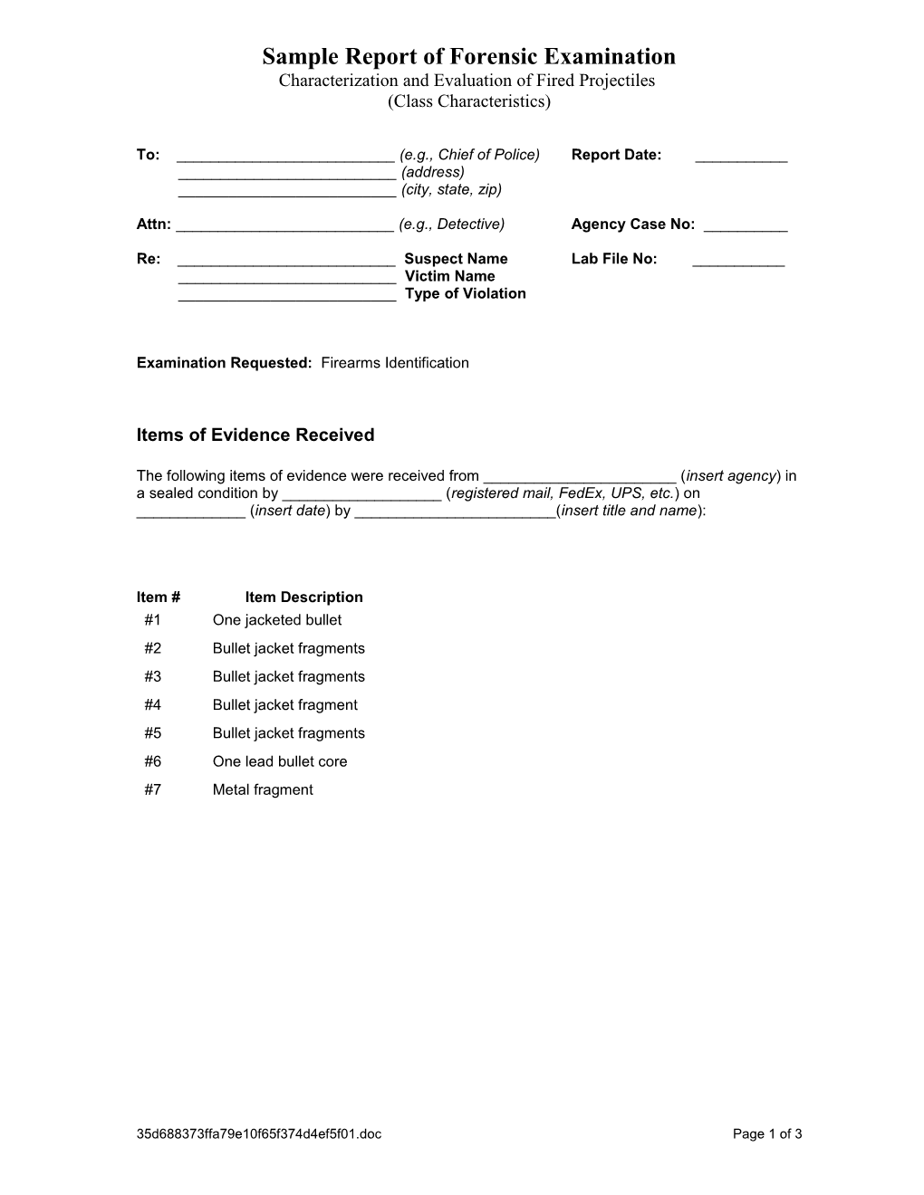 Sample Report of Forensic Examination