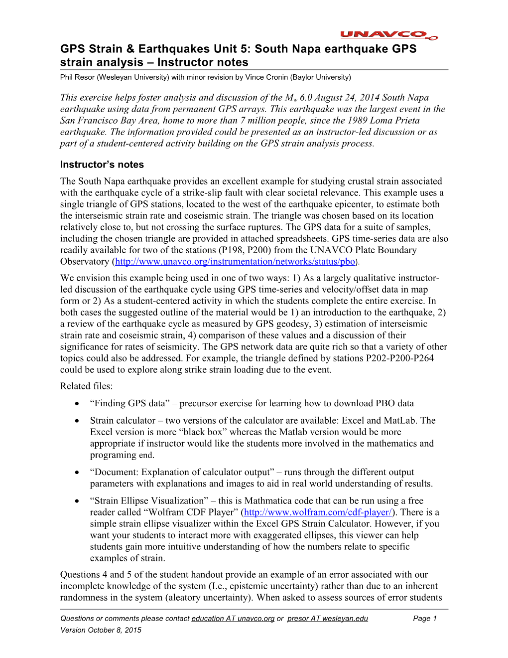 GPS Strain & Earthquakes Unit 5: South Napa Earthquake GPS Strain Analysis Instructor Notes