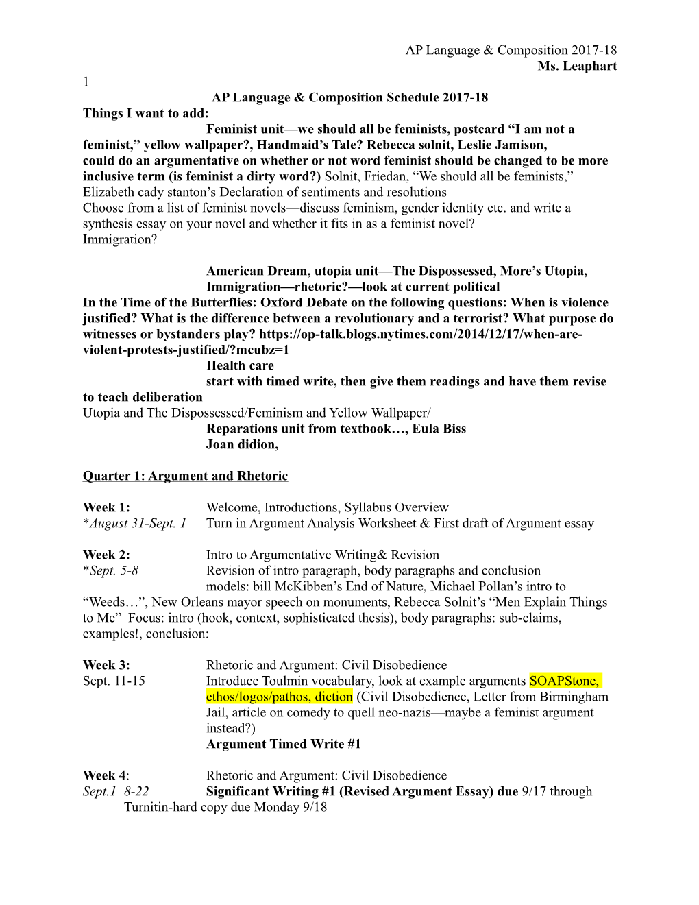 AP Language & Composition Schedule 2017-18