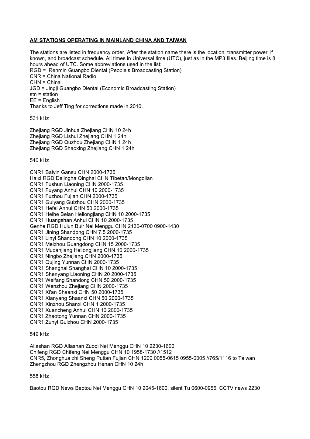 Am Stations Operating in Mainland China and Taiwan