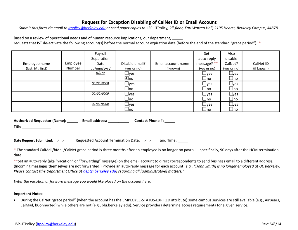 Request for Exception Disabling of Calnet ID Or Emailaccount