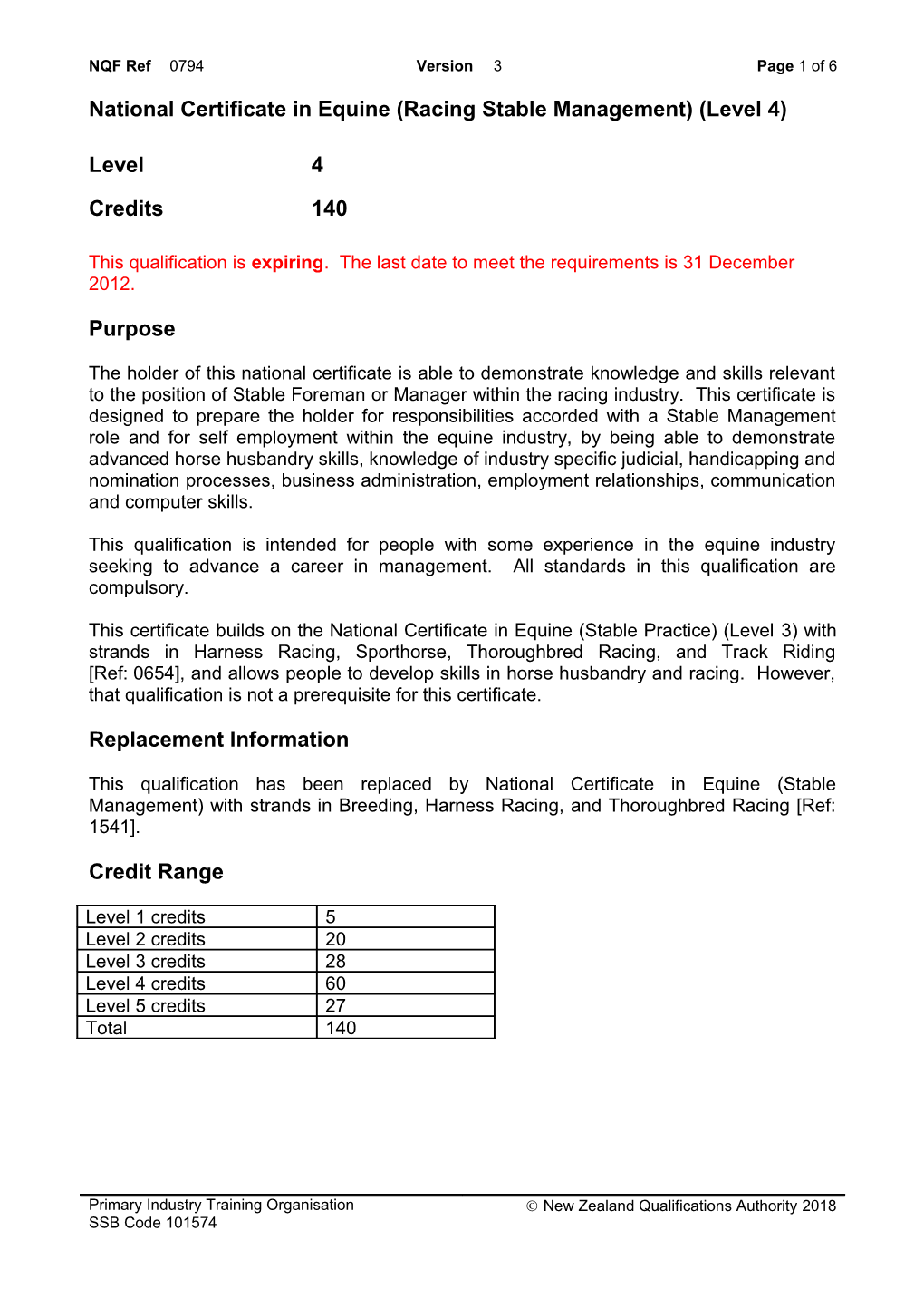 0794 National Certificate in Equine (Racing Stable Management) (Level 4)