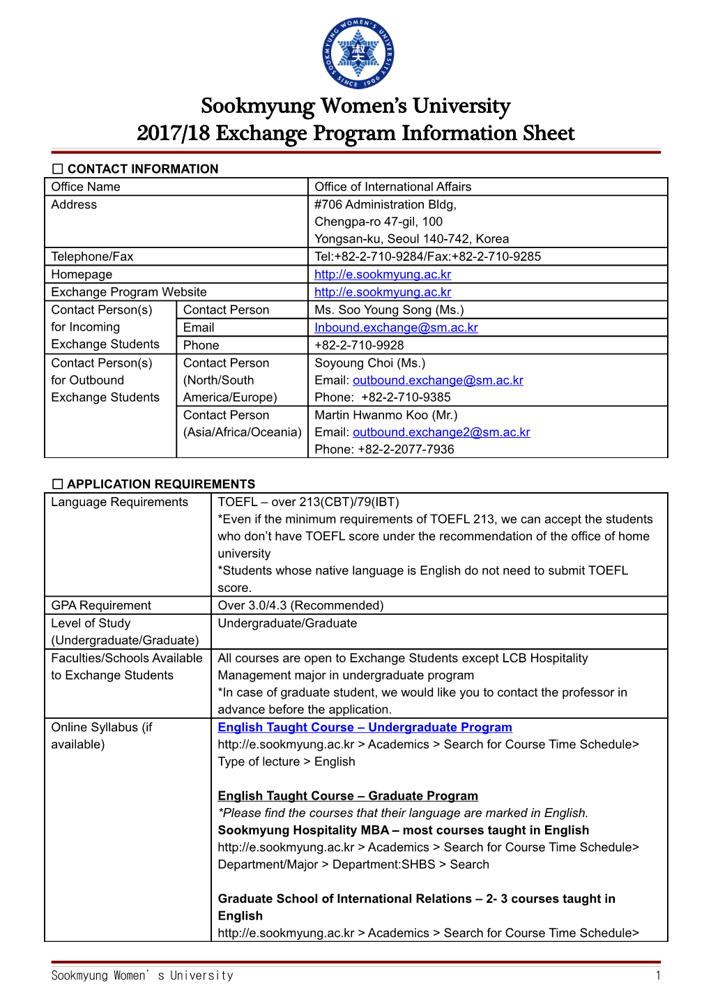 Sookmyung Women S University013-2014 Exchange Program Information Sheet