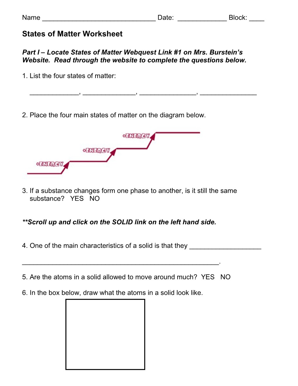 States of Matter Worksheet