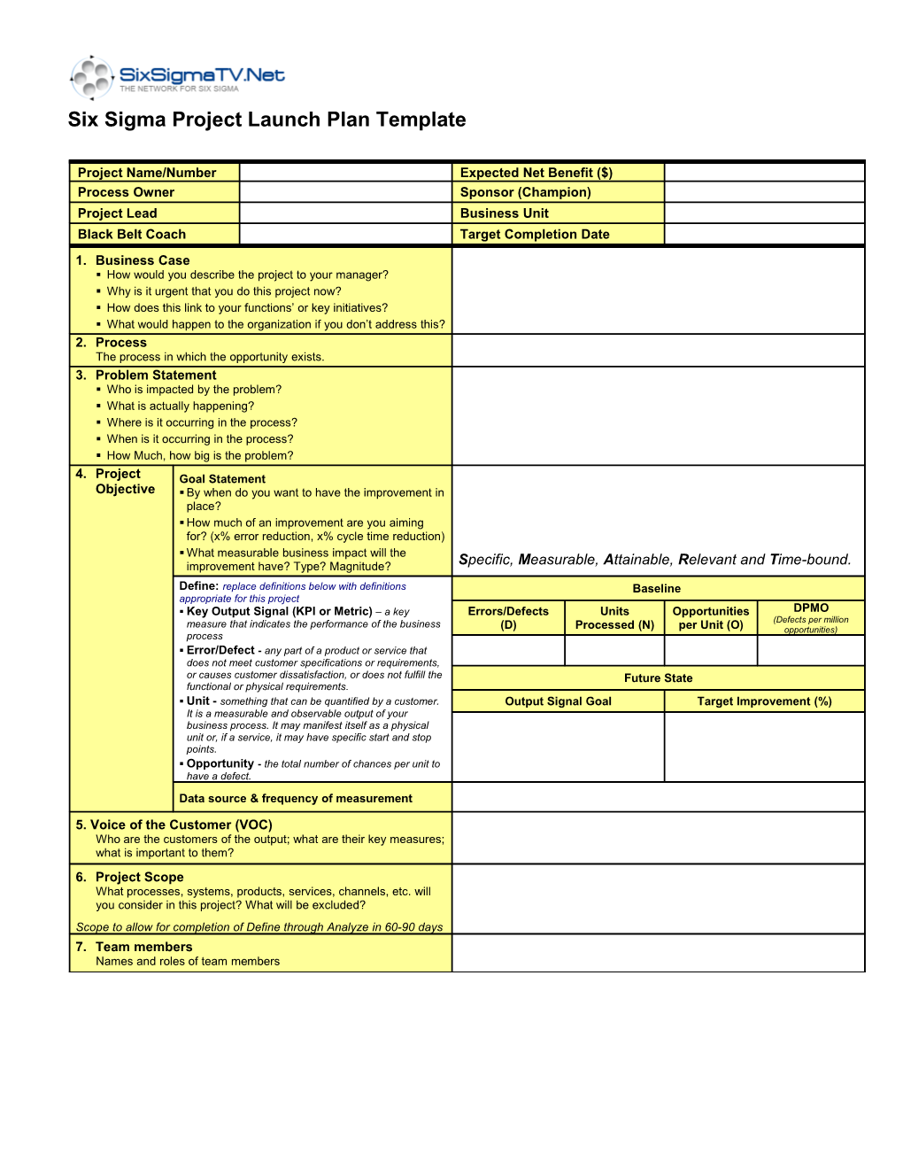 Six Sigma Project Charter Template