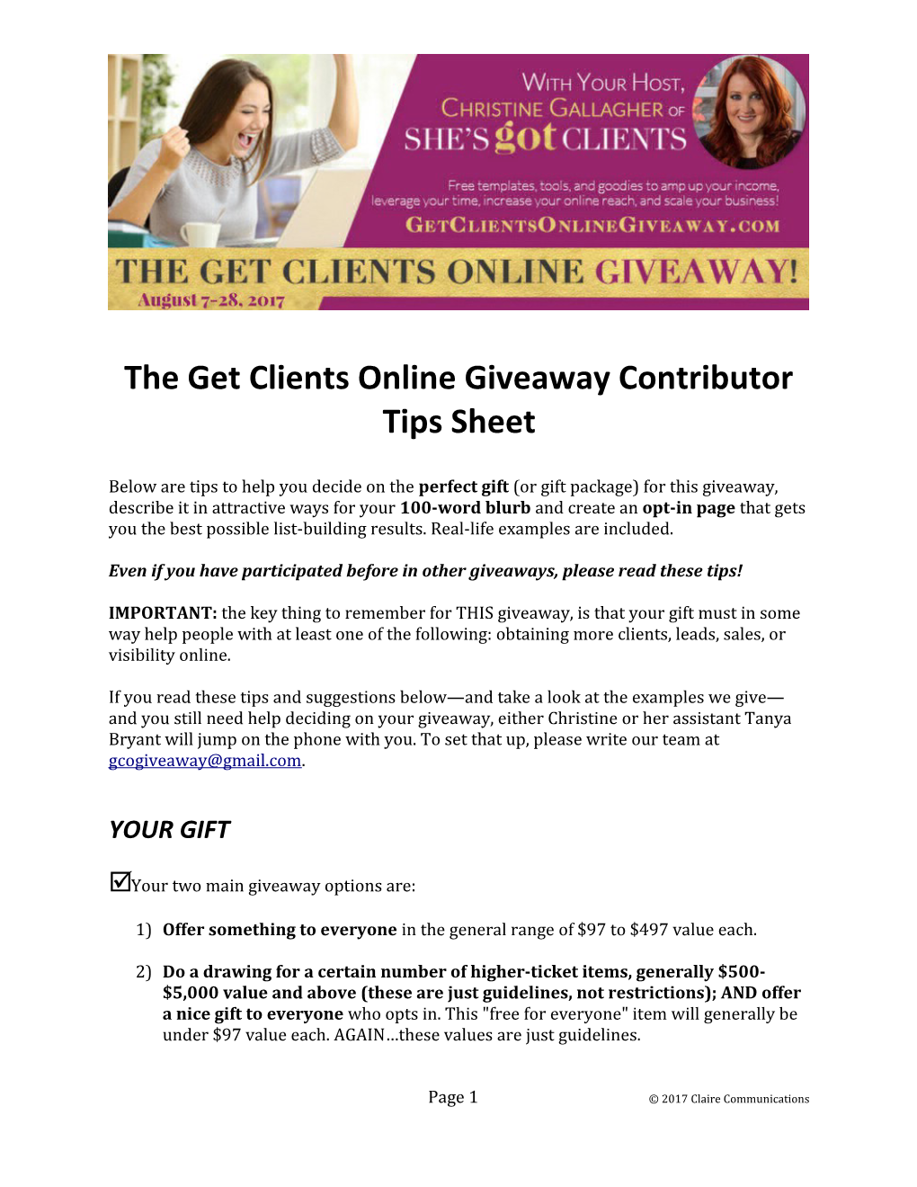 The Get Clients Online Giveaway Contributor Tips Sheet