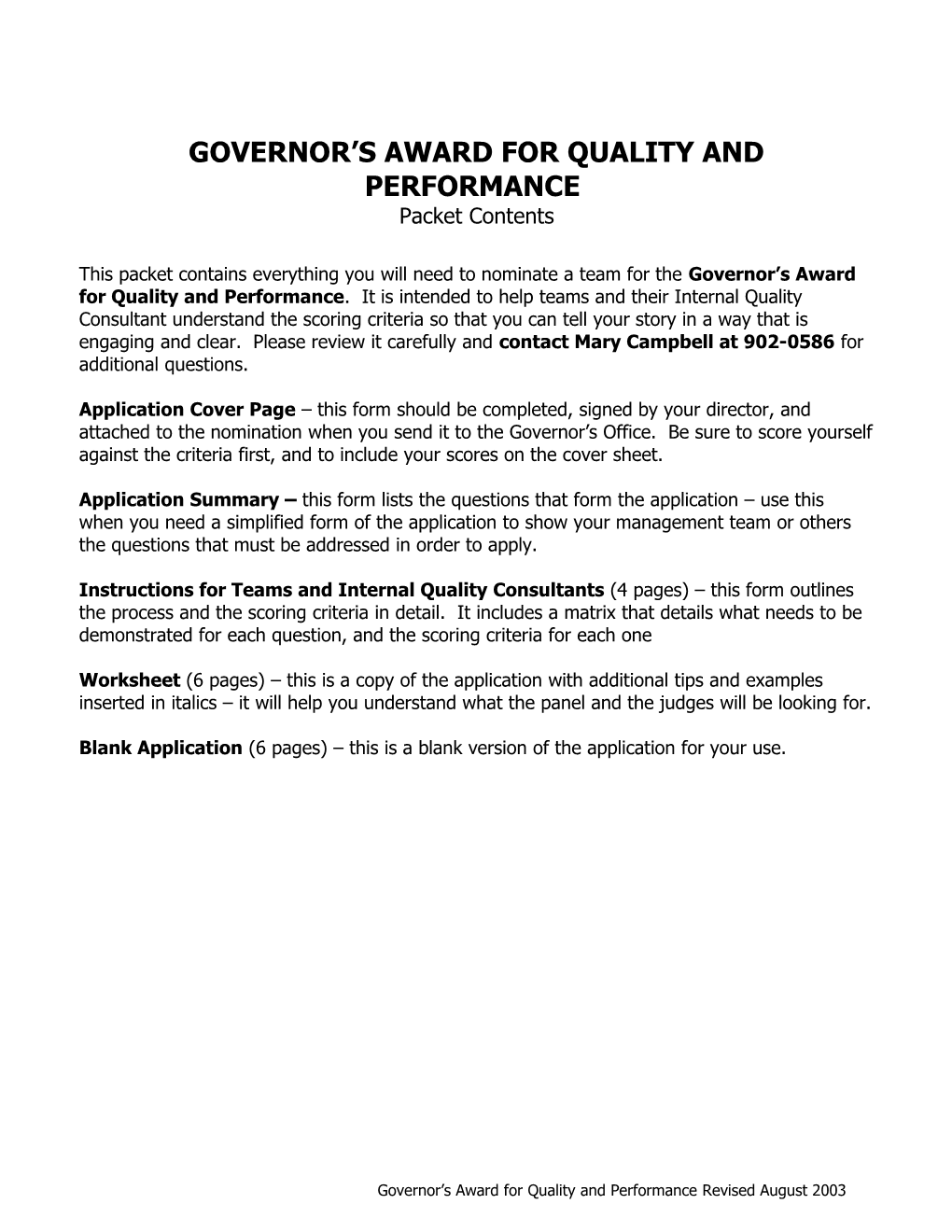 Governor S Award for Quality and Performance
