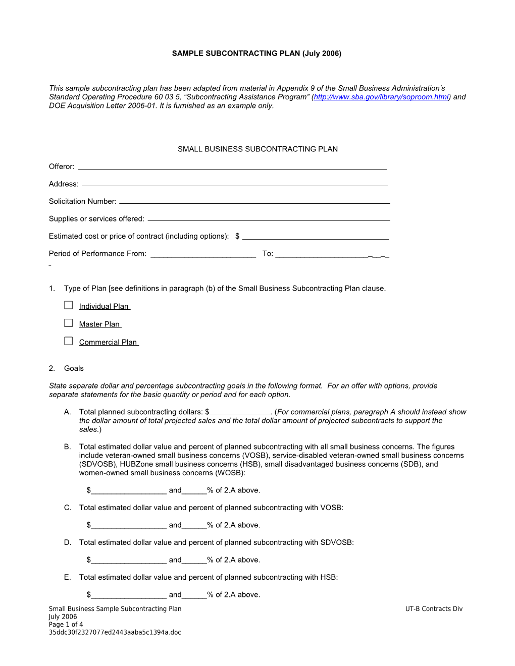 SAMPLE SUBCONTRACTING PLAN (July 2006)