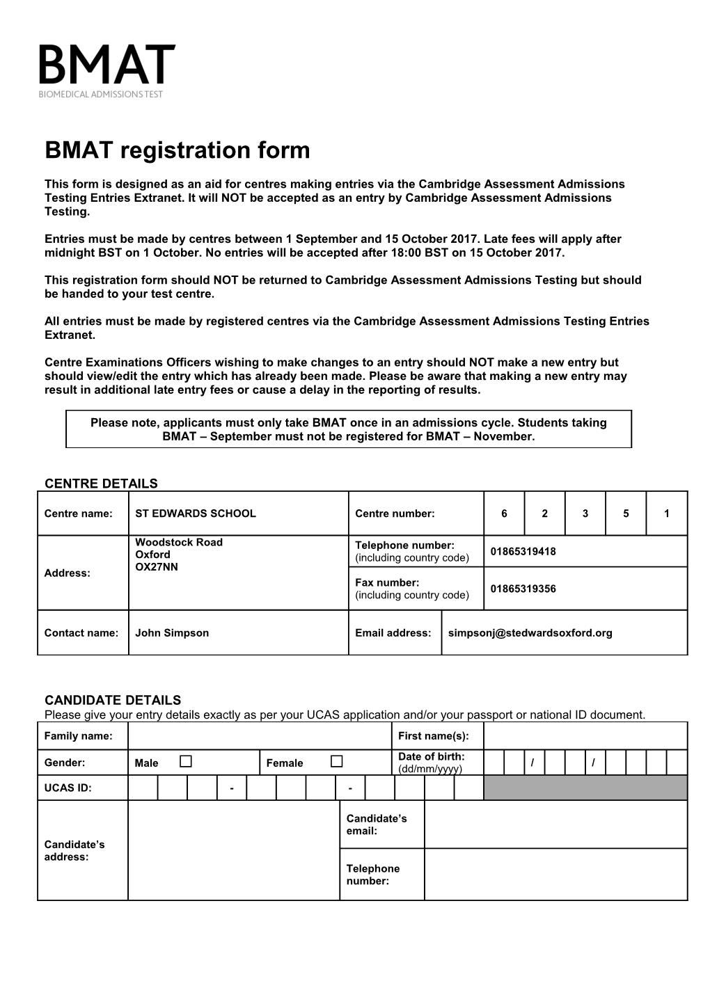 BMAT Registration Form