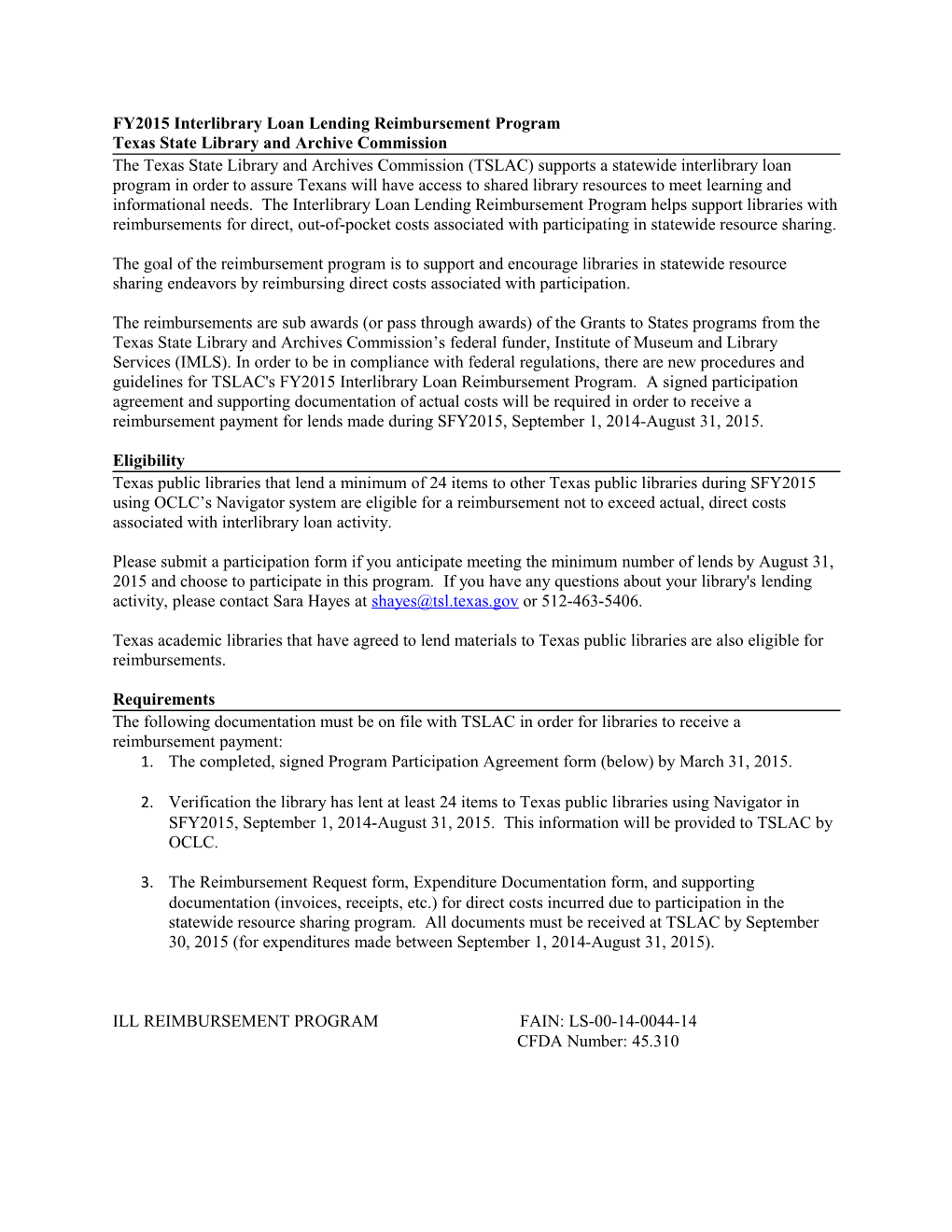 FY2015 Interlibrary Loan Lending Reimbursement Program