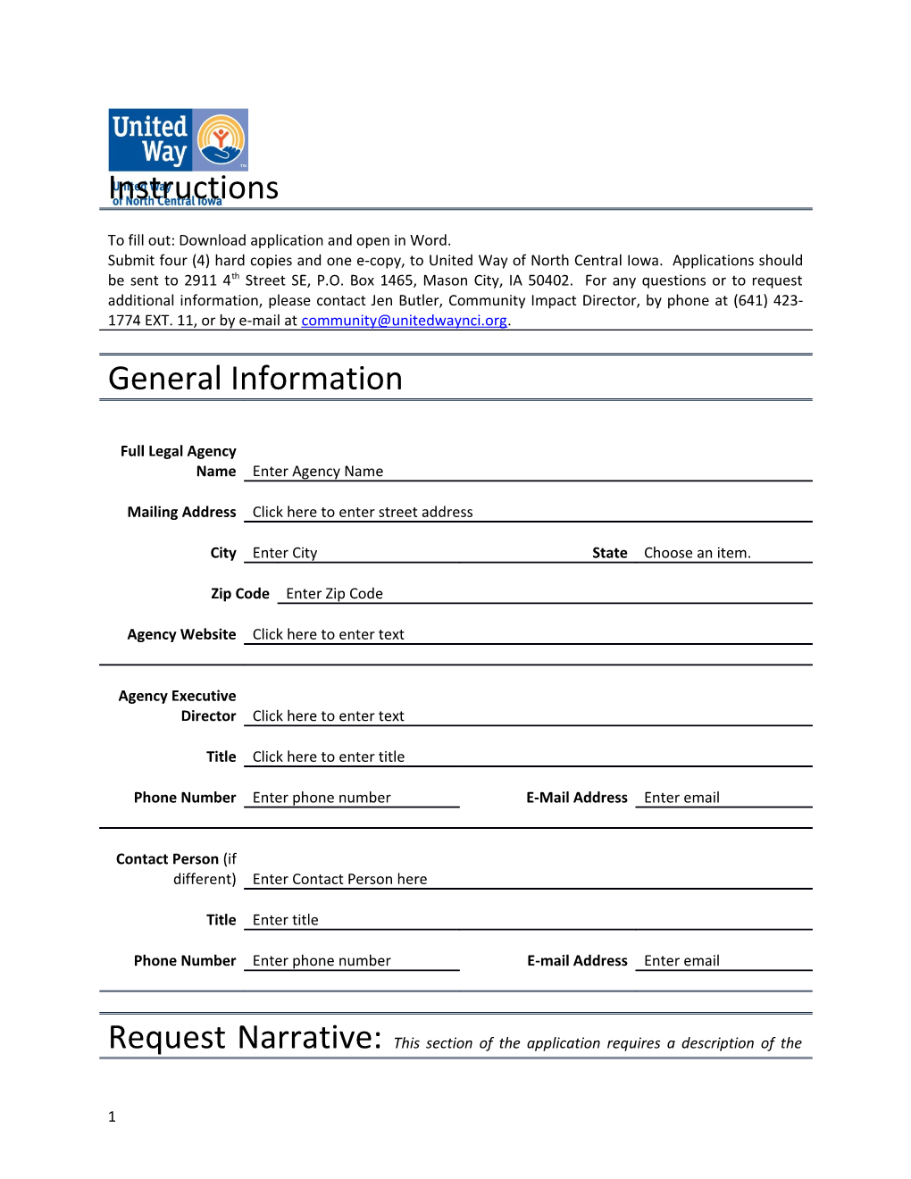 United Way of North Central Iowa Application for Venture Grant Funding