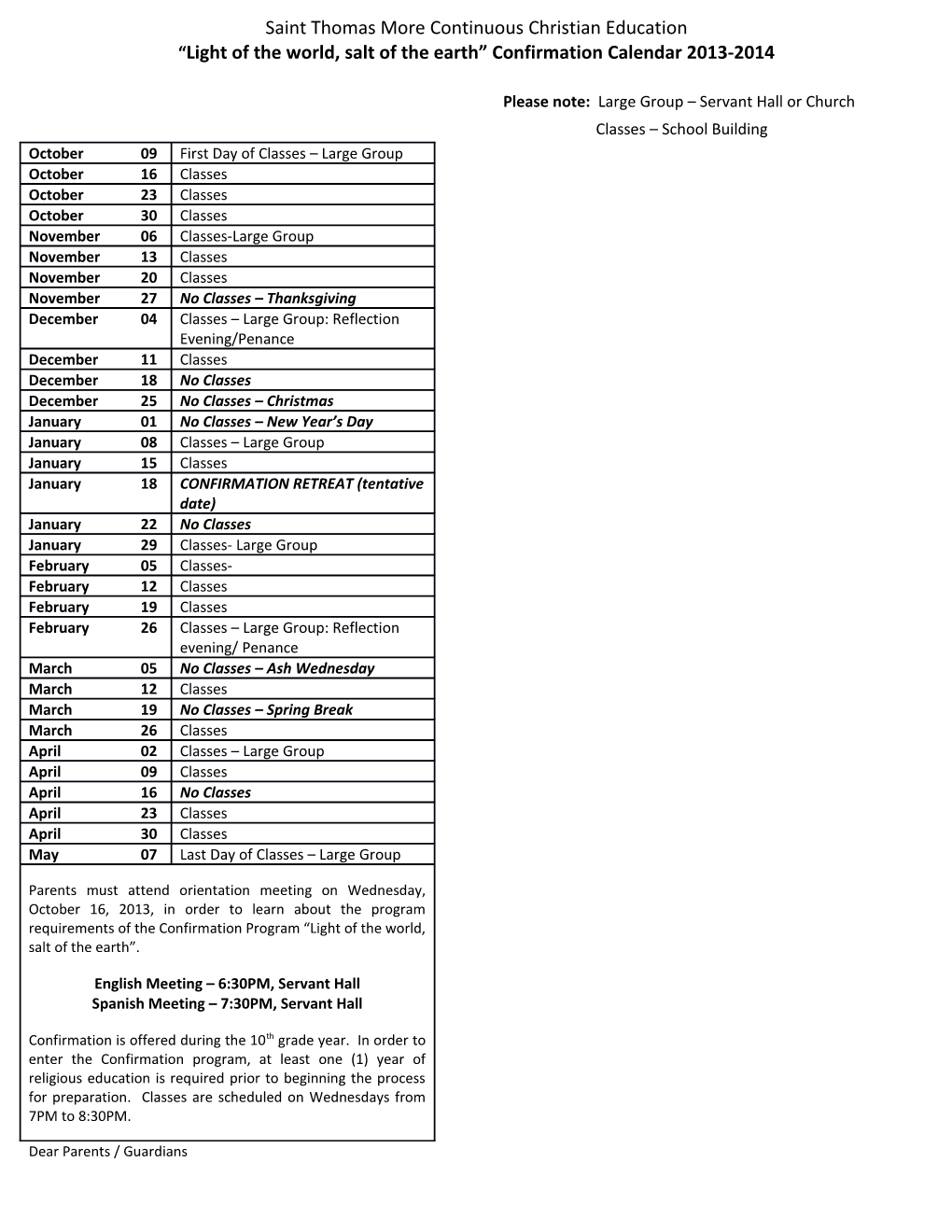 Light of the World, Salt of the Earth Confirmation Calendar 2013-2014